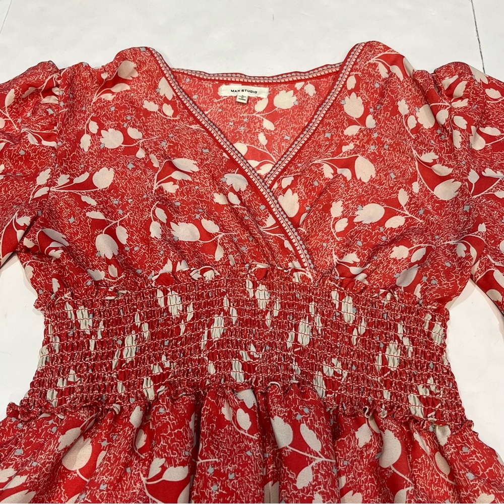 Max Studio Red Floral Smocked Fit Flare Dress Flutter Sleeve Women Small 9912D52 - Picture 3 of 16